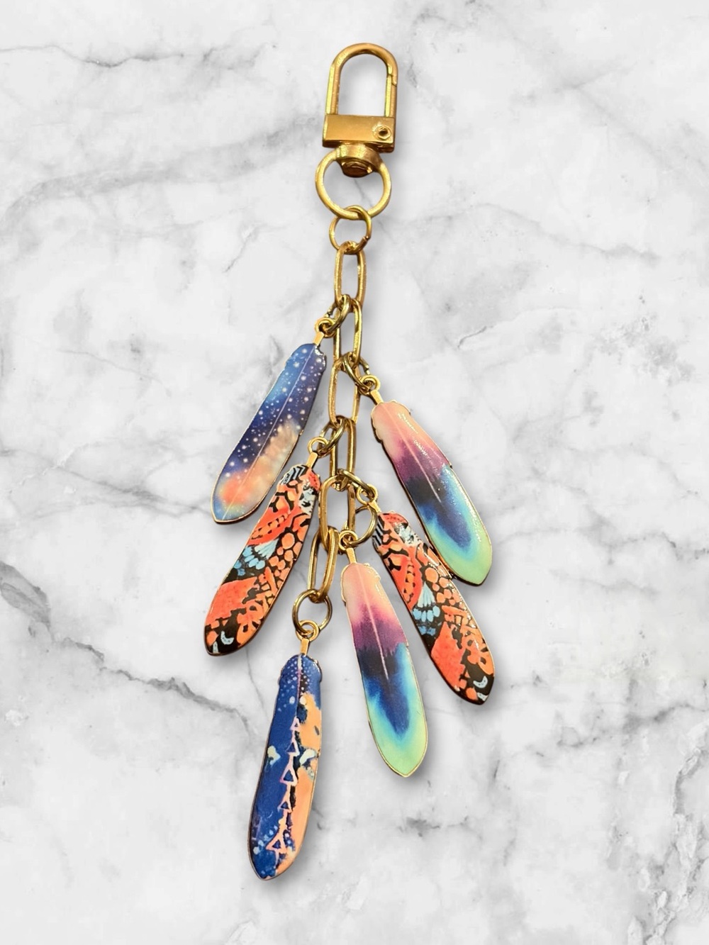 Gold-Tone Multi-Color Feather Charm Keychain Pendant - Women Jewelry